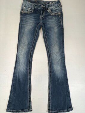 Miss Me Women 25 Mid Rise Bootcut Jeans Blue Embellished Pockets Stretch Denim
